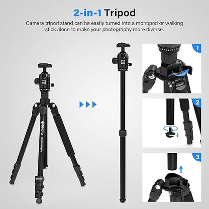 GEEKOTO 73-Inch Professional Camera Tripod & Monopod – Heavy-Duty 33 lb Capacity Travel Tripod with 360° Ball Head & Quick Release Plate for DSLR, Mirrorless & Cameras