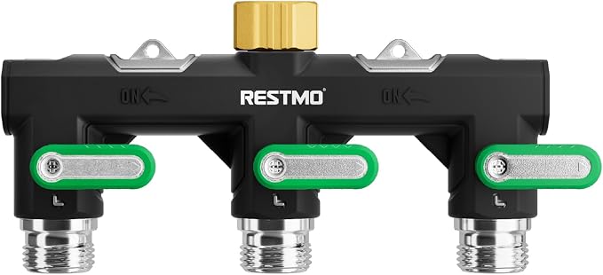 RESTMO 3-Way Garden Hose Splitter – Heavy-Duty Metal 3/4" GHT Faucet Adapter with 3 Shut-Off Valves, Full-Flow Design & Extended Handles