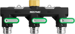 RESTMO 3-Way Garden Hose Splitter – Heavy-Duty Metal 3/4" GHT Faucet Adapter with 3 Shut-Off Valves, Full-Flow Design & Extended Handles