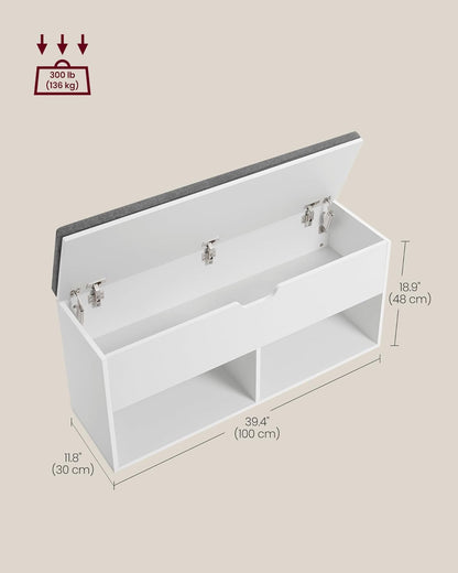 Shoe Storage Bench with Cushion Seat, Entryway Shoe Rack Organizer with Hidden Storage Compartment and Open Shelves White and Gray LHS021W01