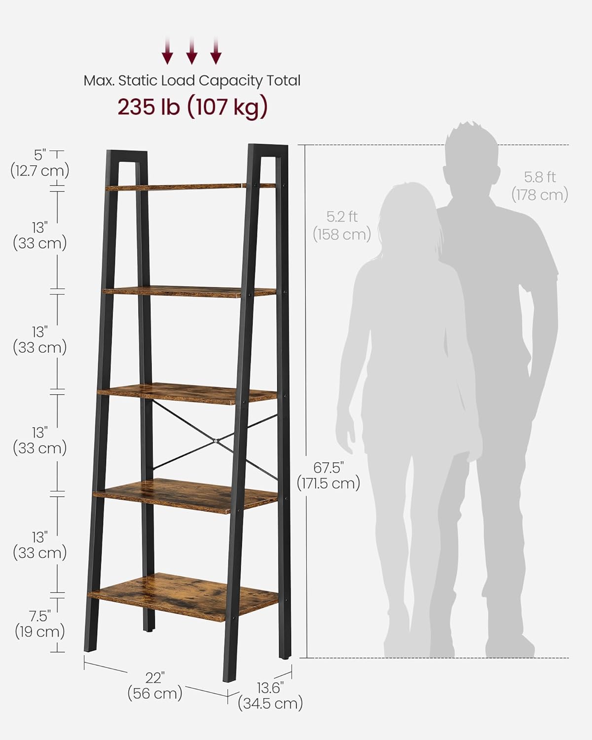 5 Tier Ladder Shelf Bookcase, Industrial Bookshelf, Open Storage Rack with Steel Frame for Living Room, Home Office, Kitchen and Bedroom Rustic Brown and Matte Black LLS45X