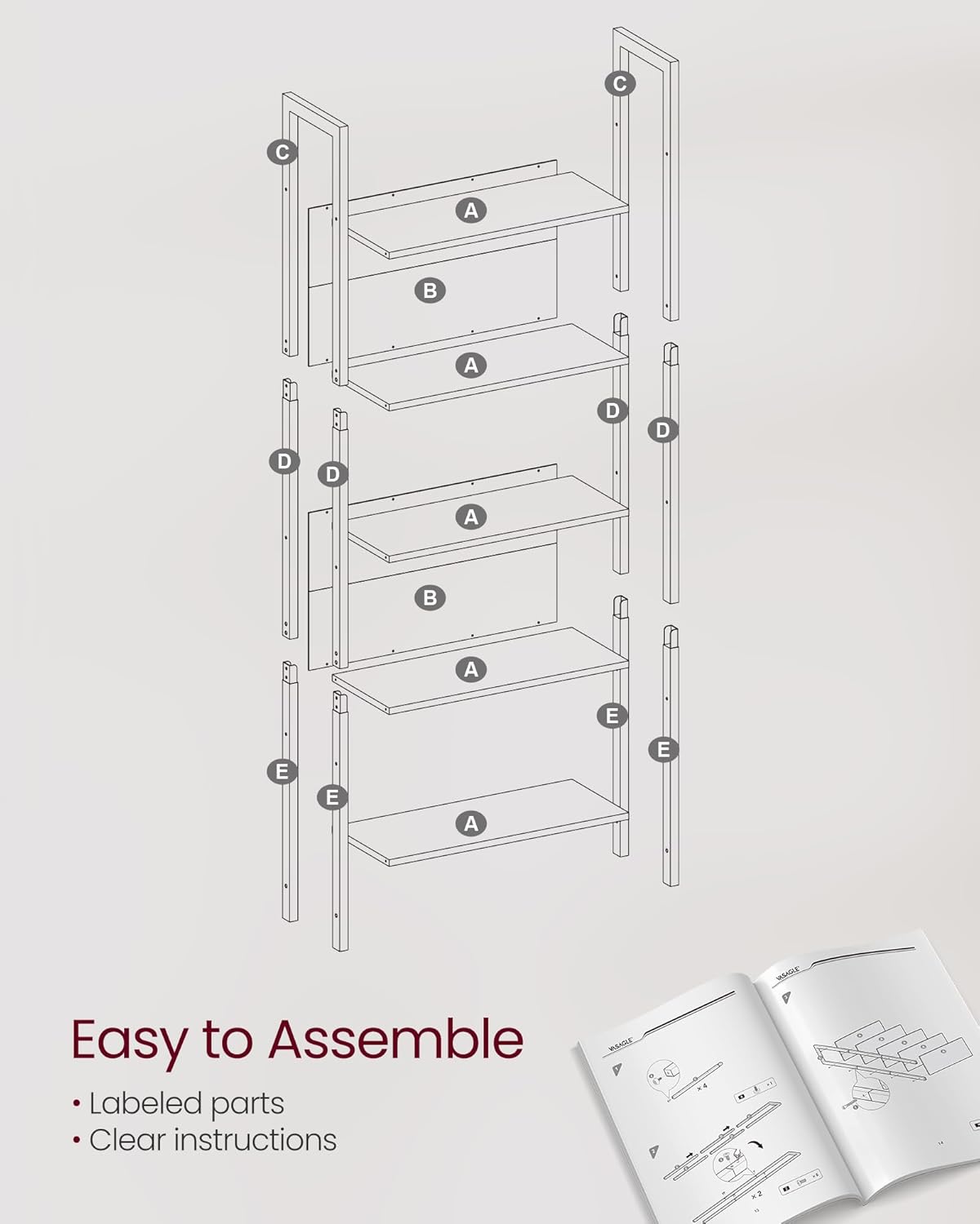 5 Tier Bookshelf, Industrial Bookcase with Steel Frame, Open Display Storage Shelf for Living Room, Home Office and Bedroom Rustic Brown and Ink Black LLS025B01