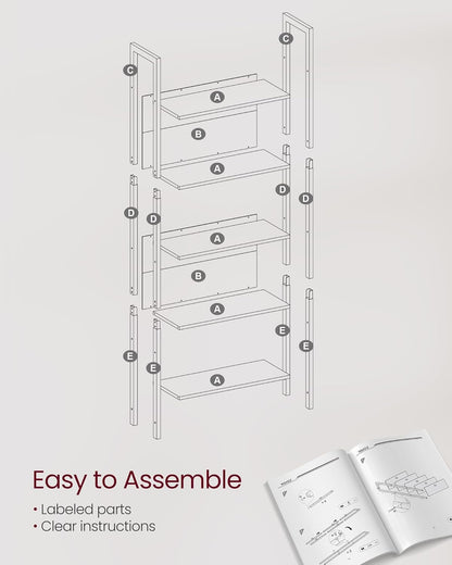 5 Tier Bookshelf, Industrial Bookcase with Steel Frame, Open Display Storage Shelf for Living Room, Home Office and Bedroom Rustic Brown and Ink Black LLS025B01