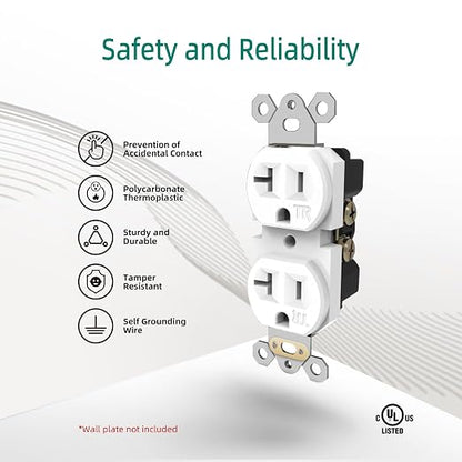 JUNLIT 20A Tamper-Resistant Duplex Electrical Outlets 10-Pack – 125V NEMA 5-20R Self-Grounding Receptacles, White