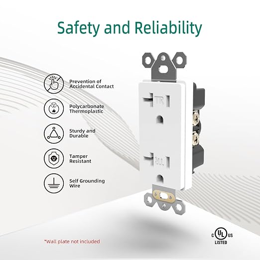 JUNLIT 20A Tamper-Resistant Duplex Electrical Outlets 10-Pack – 125V Self-Grounding 5-20R Wall Receptacles