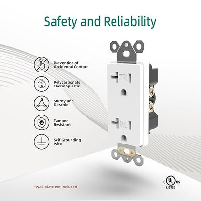 JUNLIT 20A Tamper-Resistant Duplex Electrical Outlets 10-Pack – 125V Self-Grounding 5-20R Wall Receptacles