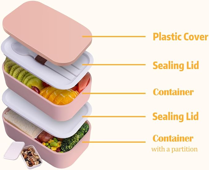 Stackable Bento Lunch Box – 60 oz Microwave-Safe Leak-Resistant Meal Prep Container with Utensils