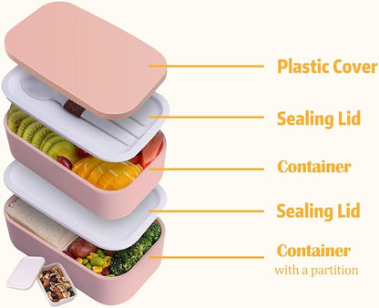 Stackable Bento Lunch Box – 60 oz Microwave-Safe Leak-Resistant Meal Prep Container with Utensils