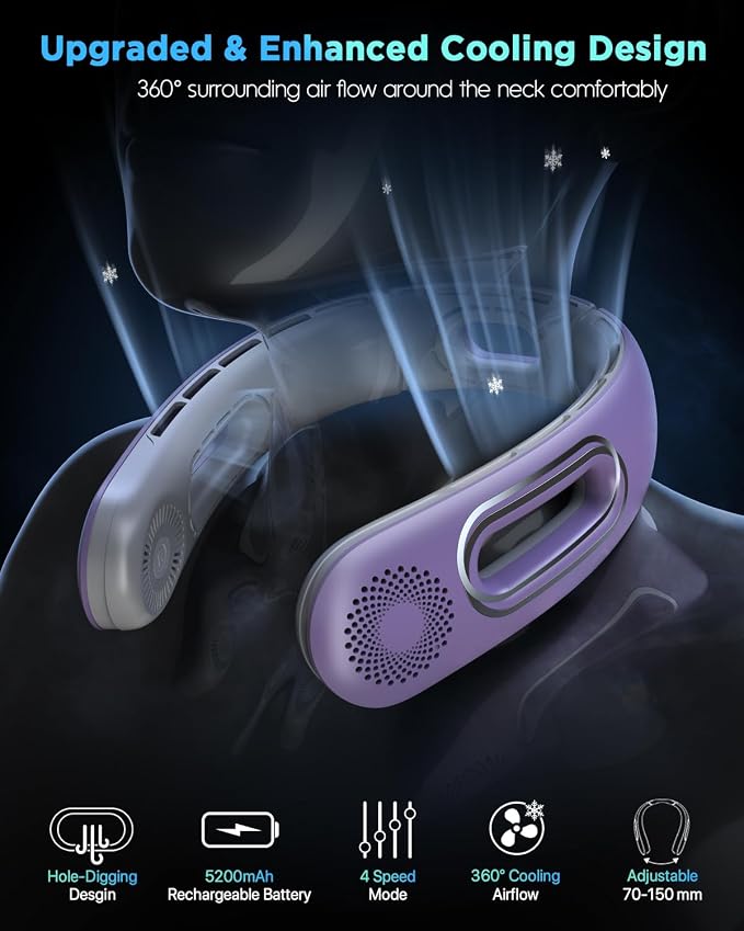 Hotsales Rechargeable Bladeless Neck Fan – 4-Speed 360° Hands-Free Wearable Fan with 5200mAh Battery