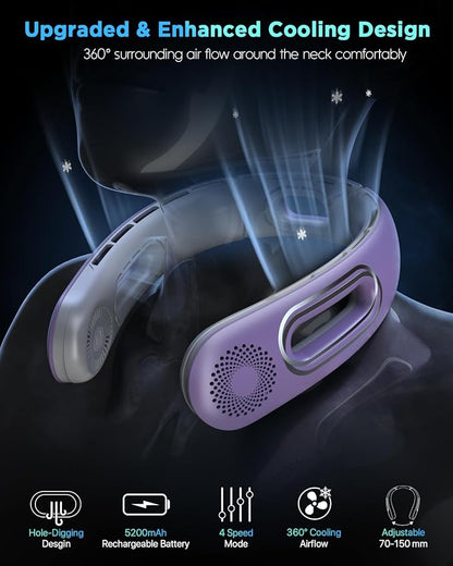 Hotsales Rechargeable Bladeless Neck Fan – 4-Speed 360° Hands-Free Wearable Fan with 5200mAh Battery