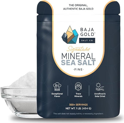 Baja Gold Mineral Sea Salt Fine Grind – Unrefined Additive-Free Cooking Salt, 1 lb Resealable Bag
