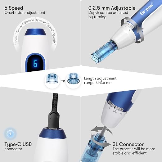Dr. Pen Ultima A11 Wireless Microneedling Pen – 16,000 RPM, 6 Speeds, 0–2.5mm Adjustable Depth, Smart Sensor Charging Base & 9 Cartridges