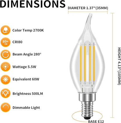 Novapollo CA11 LED Candelabra Light Bulbs 12-Pack – 60W Equivalent, Dimmable 2700K Soft White, 500LM E12 Base