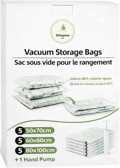 Vacuum Storage Bags 15-Pack – Reusable Space Saver Compression Bags for Clothes, Bedding & Blankets with Hand Pump, 3 Sizes