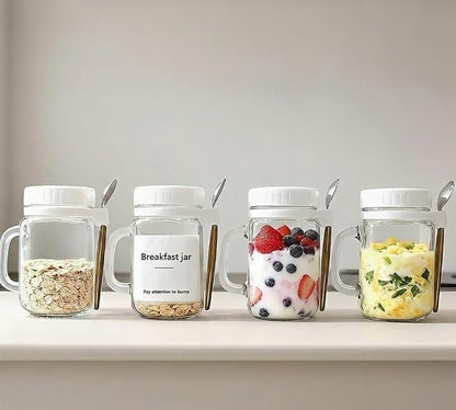 Overnight Oats Jars with Lids & Spoons – 4-Pack Glass Meal Prep Containers with Handles, White Lids