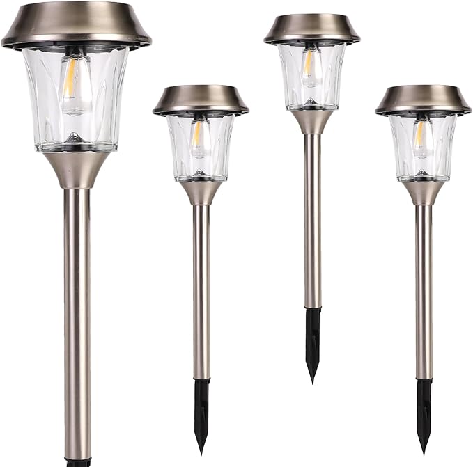 Solar Pathway Lights Outdoor – 12–25 Lumen Dimmable Warm White LED Garden Lights, IP65 Waterproof Glass & Metal Landscape Stakes