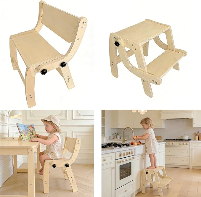 THREELOVE 2-in-1 Kids Wooden Chair & Step Stool – Convertible Toddler Chair, Footstool & Potty Training Stool