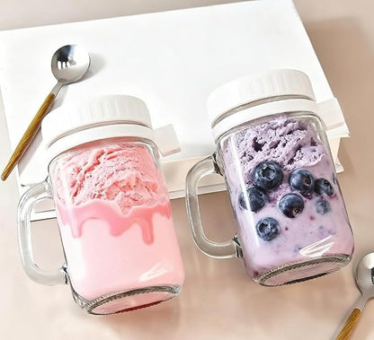 Overnight Oats Jars with Lids & Spoons – 4-Pack Glass Meal Prep Containers with Handles, White Lids
