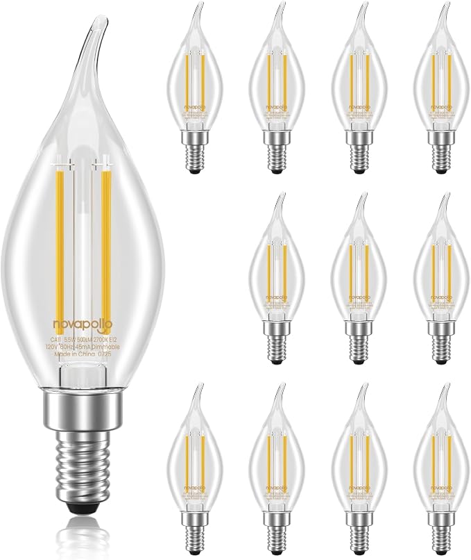 Novapollo CA11 LED Candelabra Light Bulbs 12-Pack – 60W Equivalent, Dimmable 2700K Soft White, 500LM E12 Base