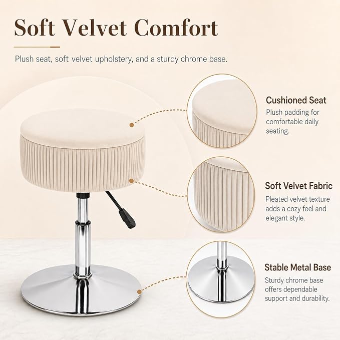 Adjustable Storage Vanity Stool – 360° Swivel White Makeup Chair with Hidden Storage & Velvet Round Ottoman Design