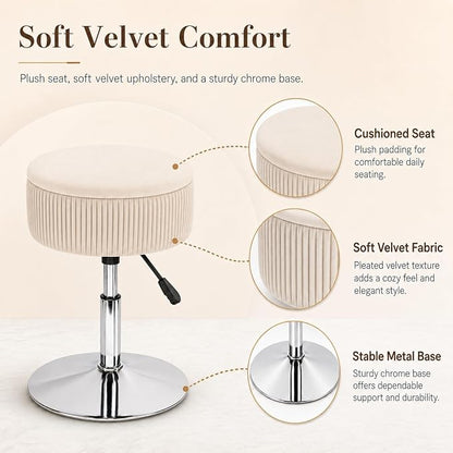 Adjustable Storage Vanity Stool – 360° Swivel White Makeup Chair with Hidden Storage & Velvet Round Ottoman Design