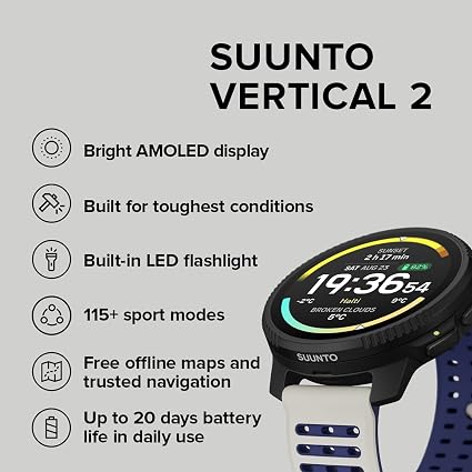 SUUNTO Vertical 2 GPS Sports Watch – 1.5" AMOLED Smartwatch with Dual-Band GPS, Offline Maps, 115+ Sport Modes, LED Flashlight & 20-Day Battery Life, Arctic Gray Stainless Steel