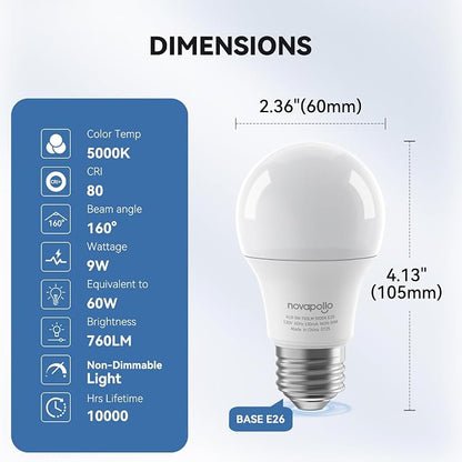 Novapollo A19 LED Light Bulbs 6-Pack – 60W Equivalent, 9W, 5000K Daylight, 760 Lumens, E26 Base