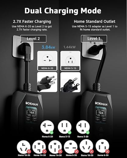 Bokman 16A Portable Level 1 & 2 EV Charger – 25ft J1772 Charging Cable, 120V/240V, NEMA 6-20 with 5-15 Adapter