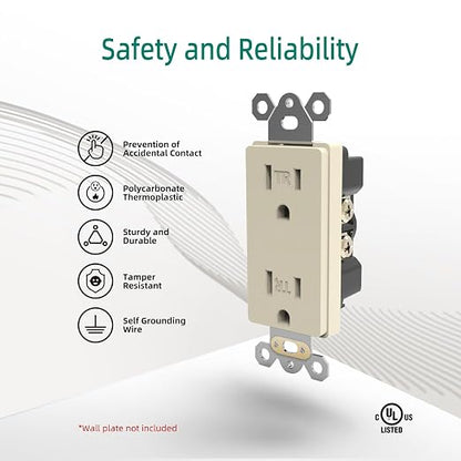 JUNLIT 15A Tamper-Resistant Duplex Decorator Outlets 10-Pack – 125V Self-Grounding Residential Receptacles