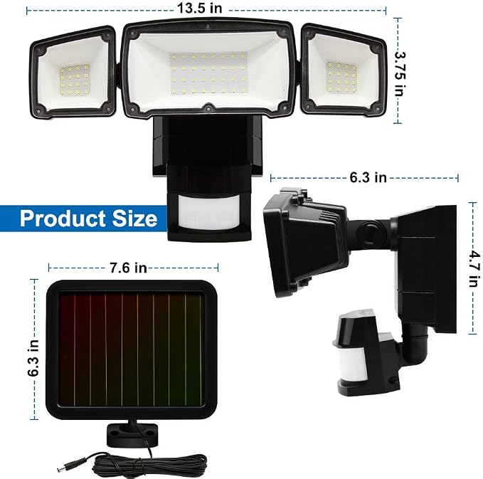 AmeriTop 1600LM Outdoor Solar Motion Sensor Light – 3-Head Adjustable LED Security Flood Light