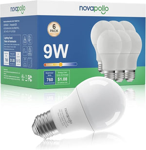 Novapollo A19 LED Light Bulbs 6-Pack – 60W Equivalent, 9W, 5000K Daylight, 760 Lumens, E26 Base