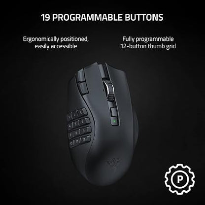 Razer Naga V2 HyperSpeed Wireless MMO Gaming Mouse – 30K DPI Optical Sensor, 19 Programmable Buttons, Bluetooth & 2.4GHz