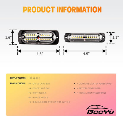 8PCS Sync LED Emergency Strobe Light Kit 72W 12 Flash Modes 12-24V 8PCSS