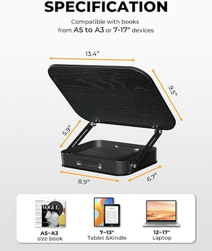SupeDesk 360° Rotating Adjustable Book Stand with Storage Drawer – Wood & Aluminum Book Holder with Page Clips