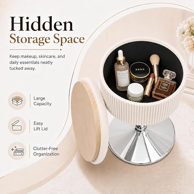 Adjustable Storage Vanity Stool – 360° Swivel White Makeup Chair with Hidden Storage & Velvet Round Ottoman Design