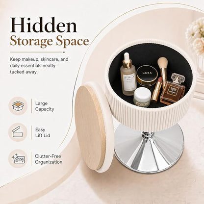 Adjustable Storage Vanity Stool – 360° Swivel White Makeup Chair with Hidden Storage & Velvet Round Ottoman Design