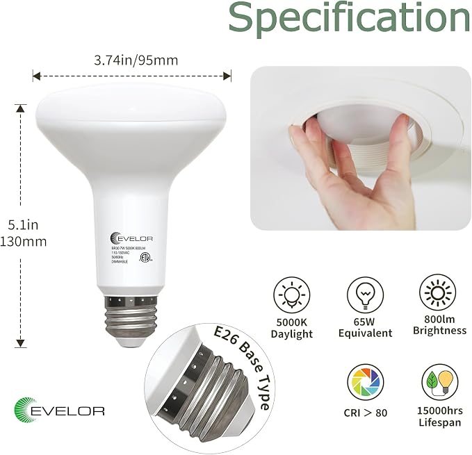Evelor BR30 LED Light Bulbs – 65W Equivalent, 7W Dimmable 5000K Daylight Recessed Flood Lights, 6 Pack
