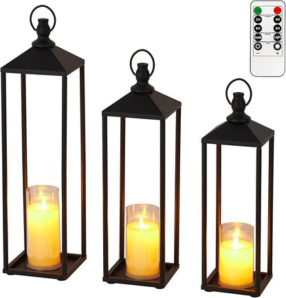 WildVenture 3-Piece Large Black Lantern Set with Flameless LED Candles & Remote – 17", 19" & 22" Indoor Outdoor Decorative Lanterns