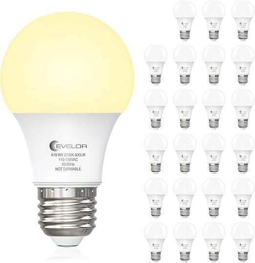 Evelor A19 LED Light Bulbs 24 Pack 9W 60W Equivalent - Soft White 2700K