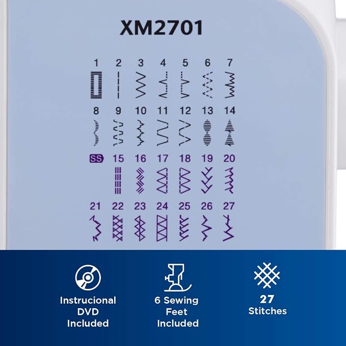 Brother XM2701 Sewing Machine – 27 Stitches, Automatic Needle Threader, 1-Step Buttonhole & 6 Sewing Feet