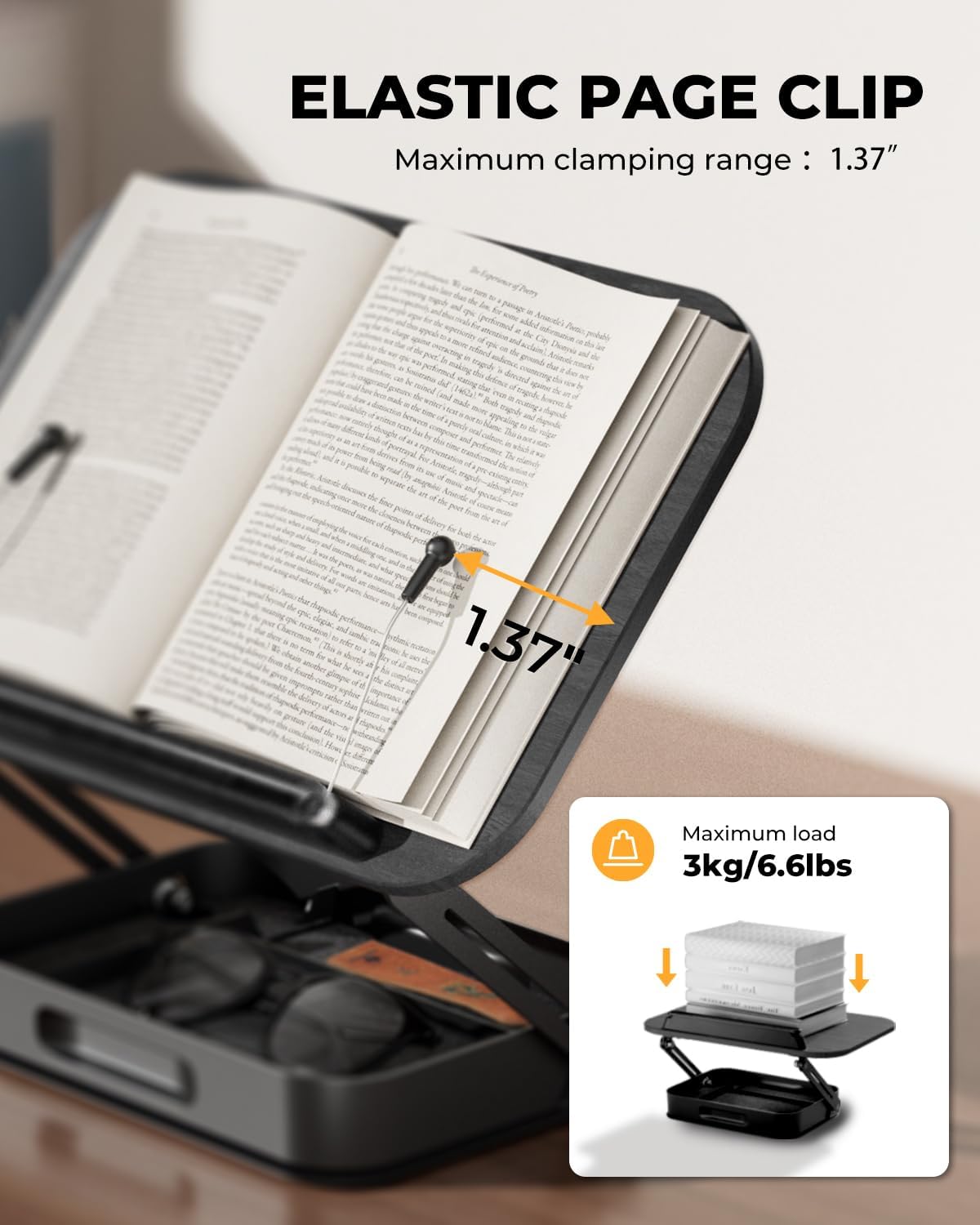 SupeDesk 360° Rotating Adjustable Book Stand with Storage Drawer – Wood & Aluminum Book Holder with Page Clips
