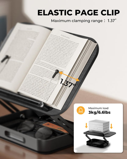SupeDesk 360° Rotating Adjustable Book Stand with Storage Drawer – Wood & Aluminum Book Holder with Page Clips