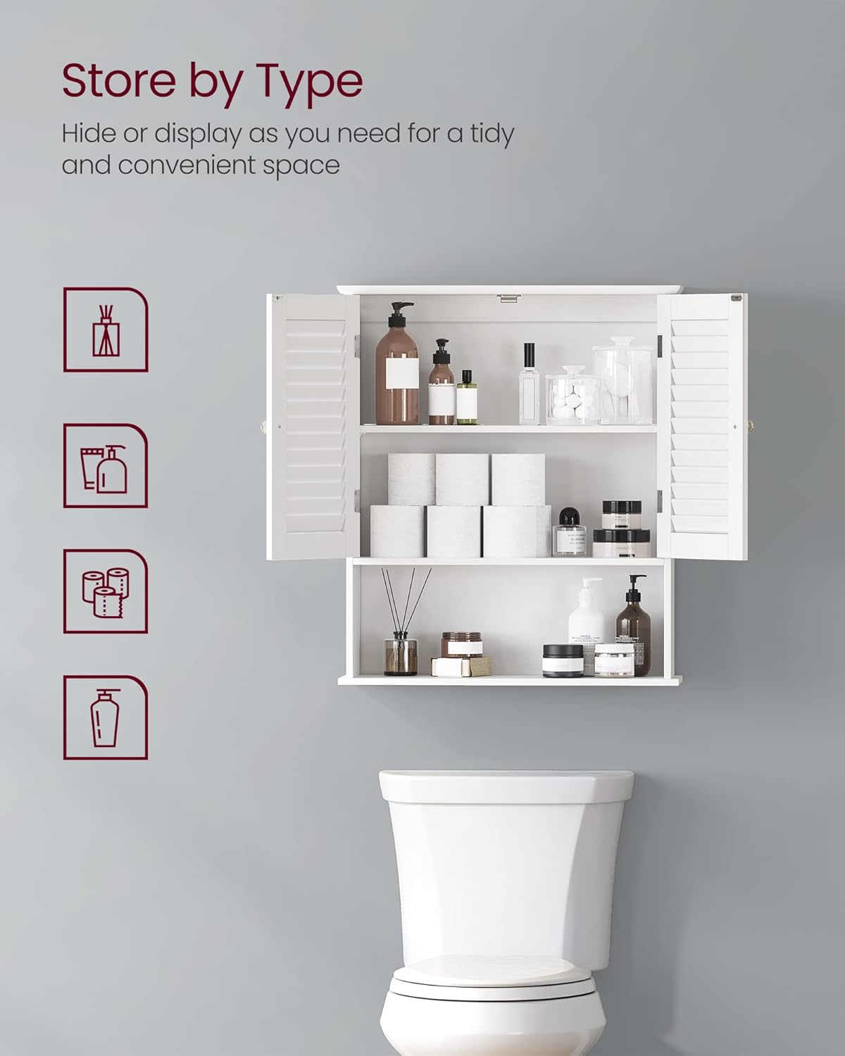 Wall Mounted Bathroom Storage Cabinet with Adjustable Shelf & Open Shelf – White Shutter Door Organizer BBC27WT