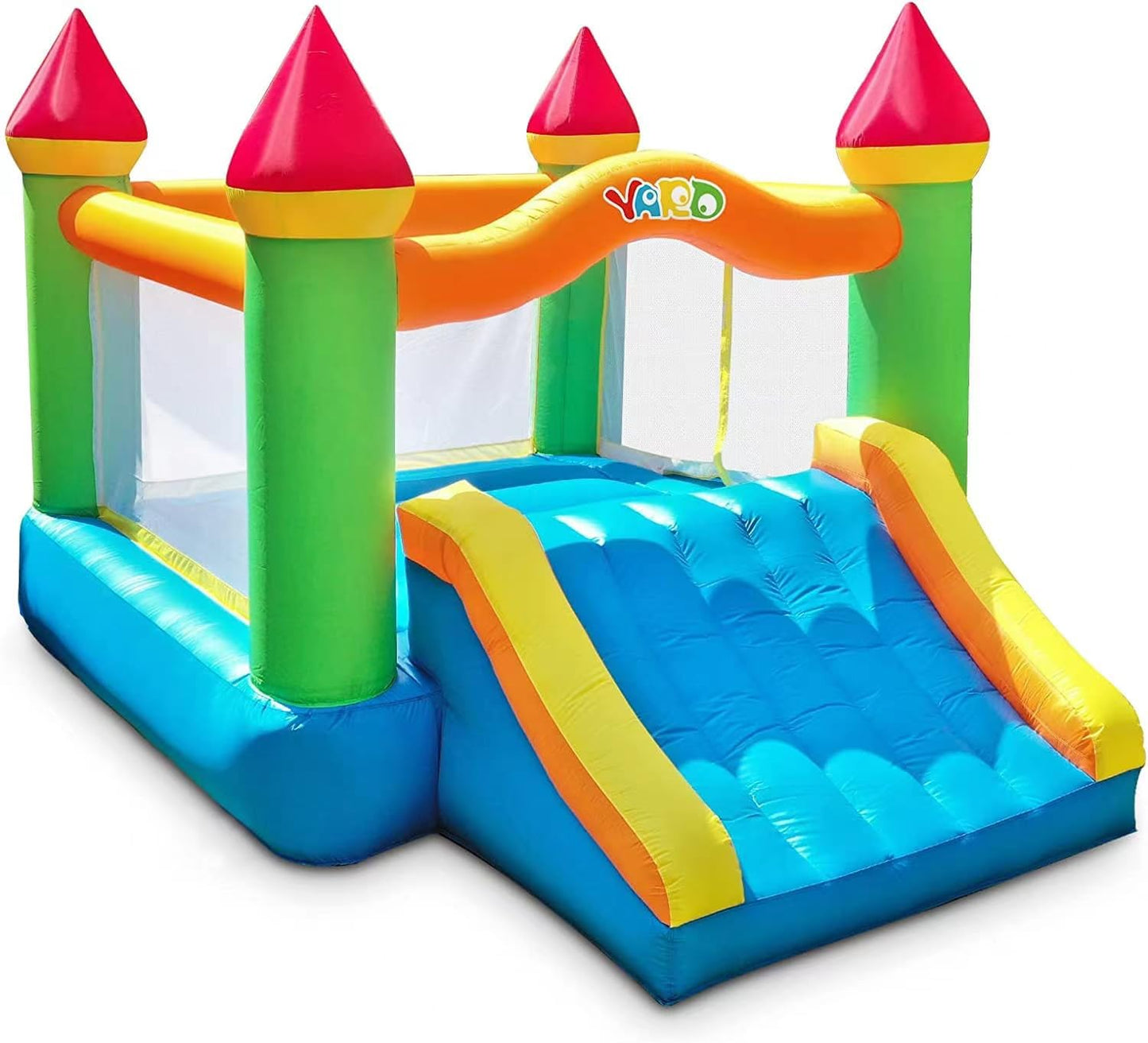 12 ft x 9 ft Rainbow Inflatable Bounce House with Slide, 380W Blower, Safety Net, Stakes &amp; Carry Bag 6208