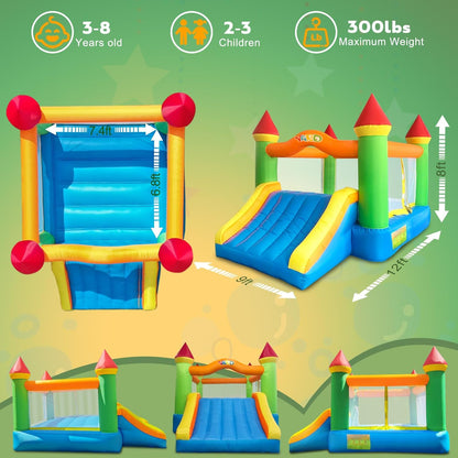12 ft x 9 ft Rainbow Inflatable Bounce House with Slide, 380W Blower, Safety Net, Stakes &amp; Carry Bag 6208