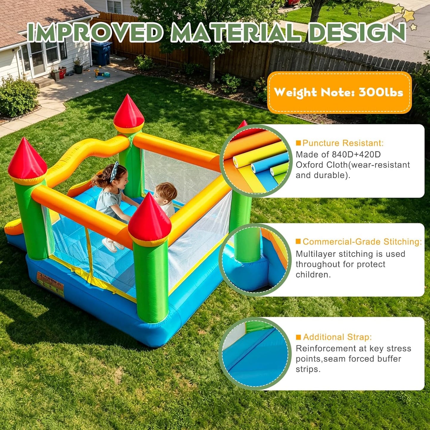 12 ft x 9 ft Rainbow Inflatable Bounce House with Slide, 380W Blower, Safety Net, Stakes &amp; Carry Bag 6208