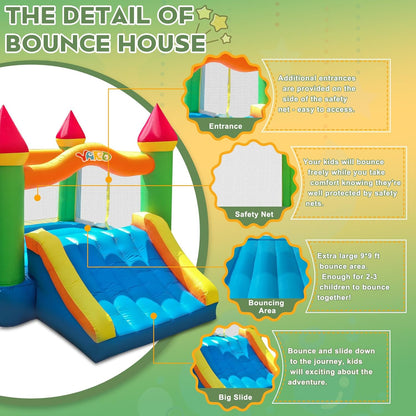 12 ft x 9 ft Rainbow Inflatable Bounce House with Slide, 380W Blower, Safety Net, Stakes &amp; Carry Bag 6208