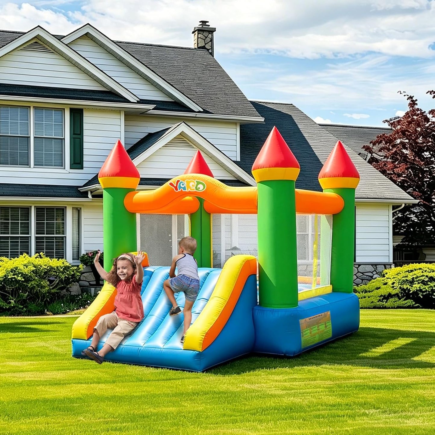12 ft x 9 ft Rainbow Inflatable Bounce House with Slide, 380W Blower, Safety Net, Stakes &amp; Carry Bag 6208