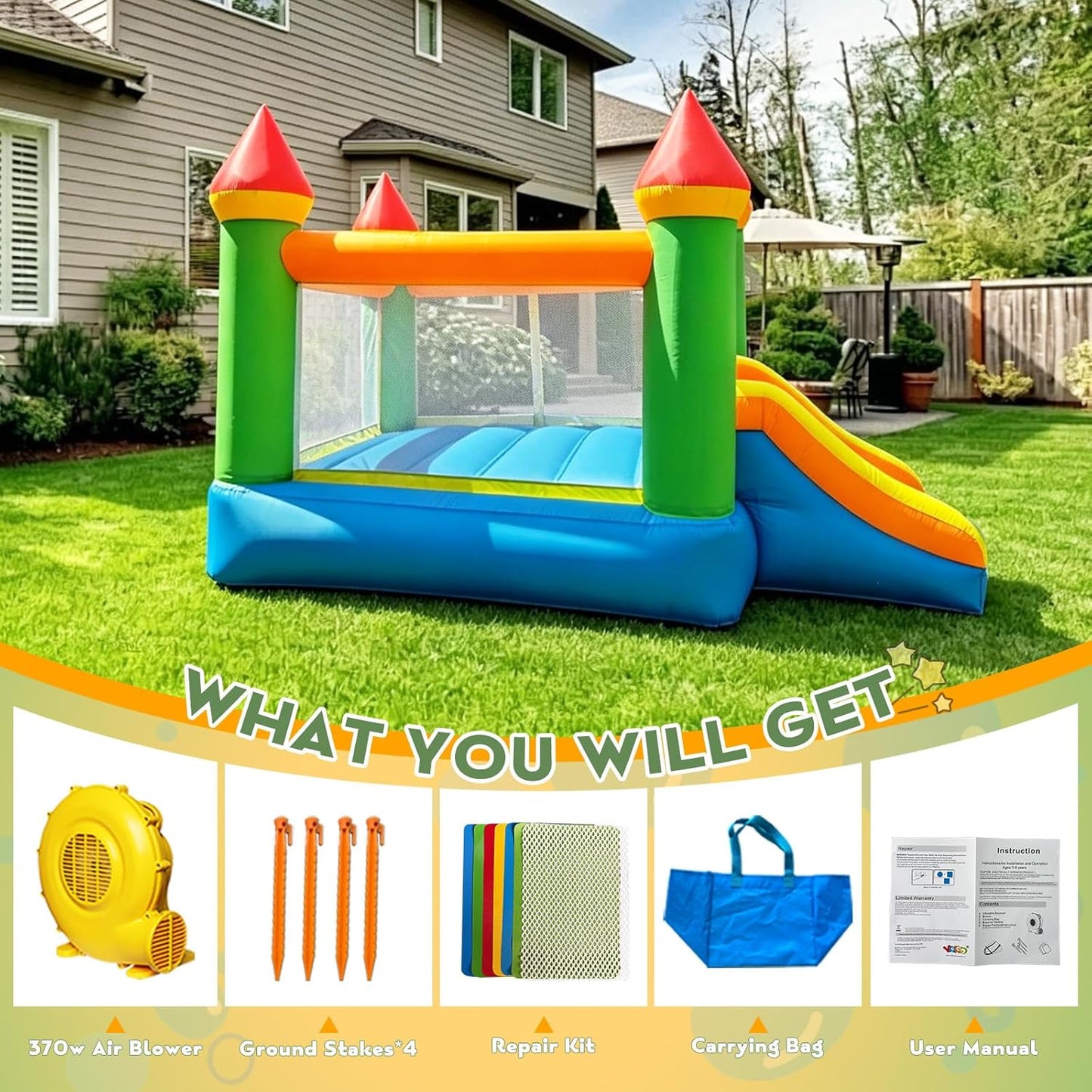 12 ft x 9 ft Rainbow Inflatable Bounce House with Slide, 380W Blower, Safety Net, Stakes &amp; Carry Bag 6208