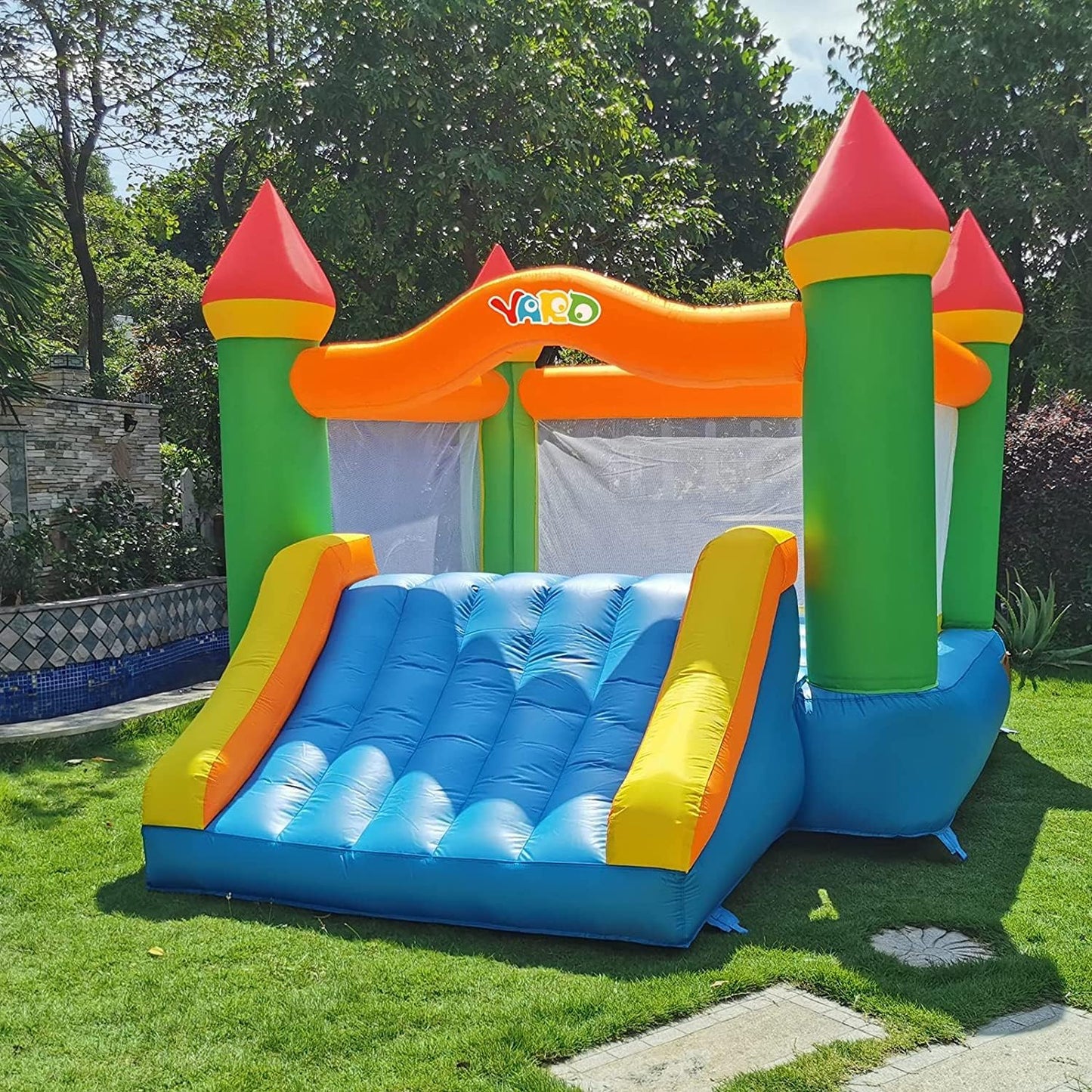 12 ft x 9 ft Rainbow Inflatable Bounce House with Slide, 380W Blower, Safety Net, Stakes &amp; Carry Bag 6208